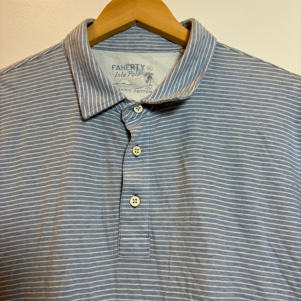 Faherty Isle Polo Mens XL Blue White Striped Organic Cotton Short Sleeve Shirt
